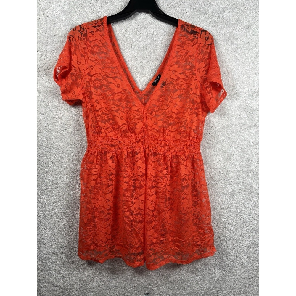 Torrid Womens Coral Orange Sheer Lace V Neck Shirt Top Blouse Pullover XL 1